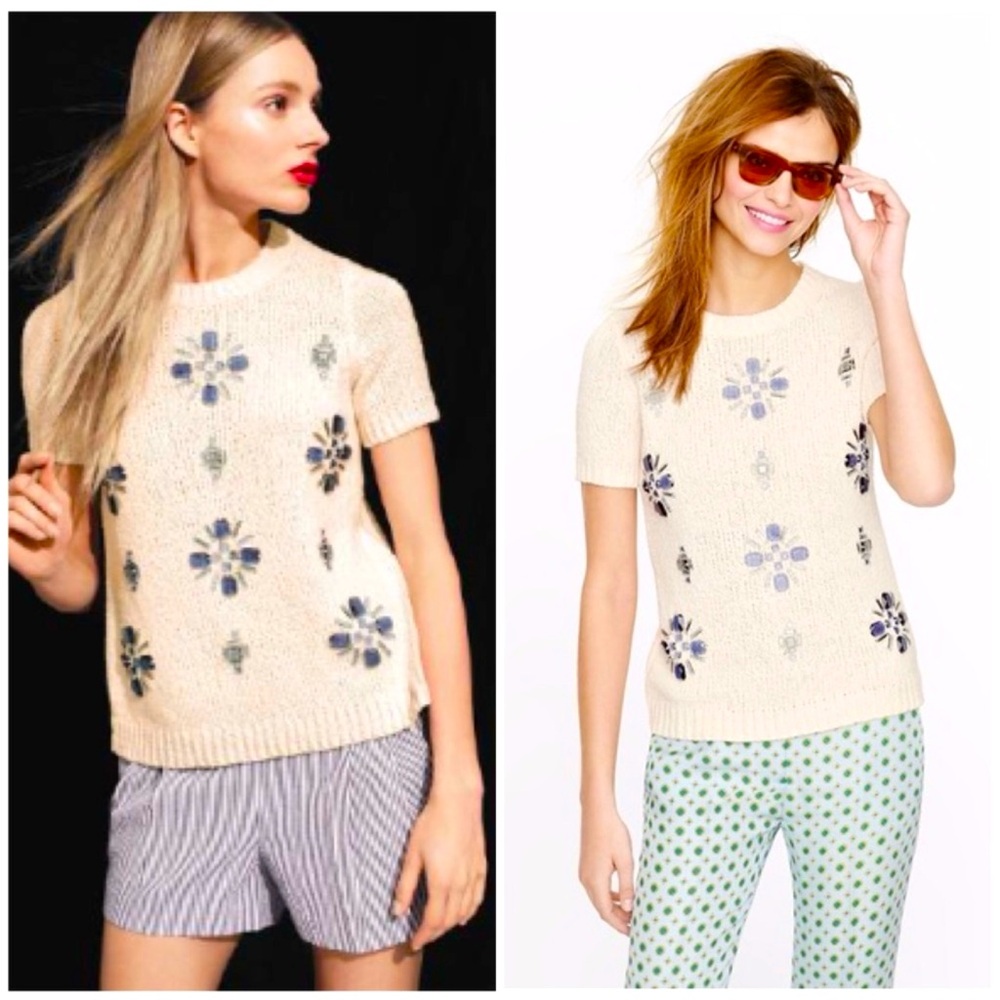 J. Crew Womens Jeweled Medallion Short Sleeve Sweater Sz XS
